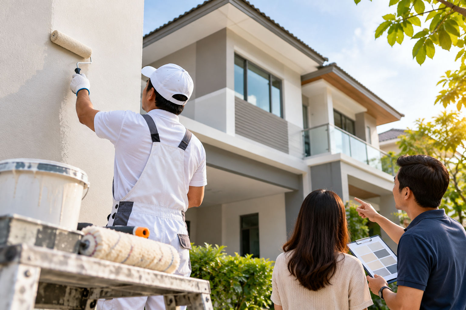 Professional painter applying exterior wall paint to a Malaysian house while homeowners review paint colour samples.