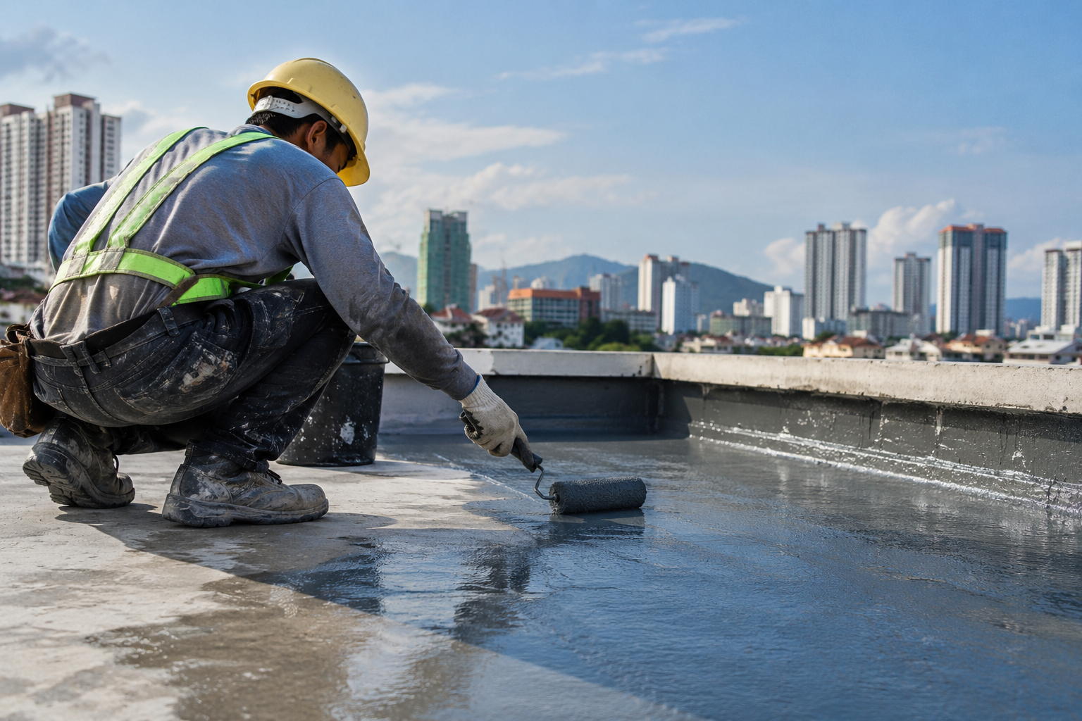 Waterproofing contractor applying a protective coating to a concrete rooftop in Malaysia.