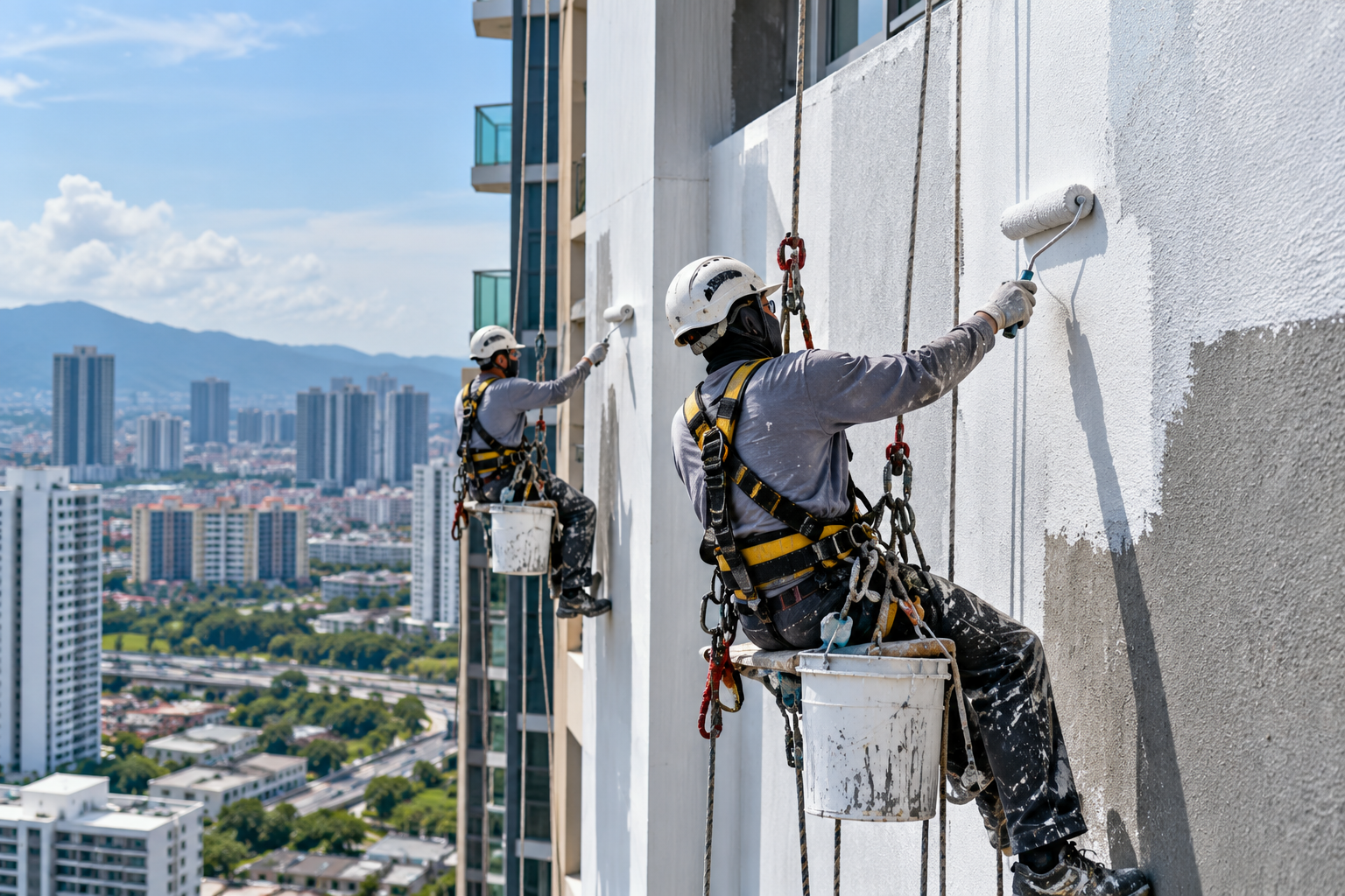 Professional High-Rise Building Painting in Malaysia Two rope-access painters wearing safety harnesses and helmets repainting the exterior façade of a high-rise building in Malaysia.