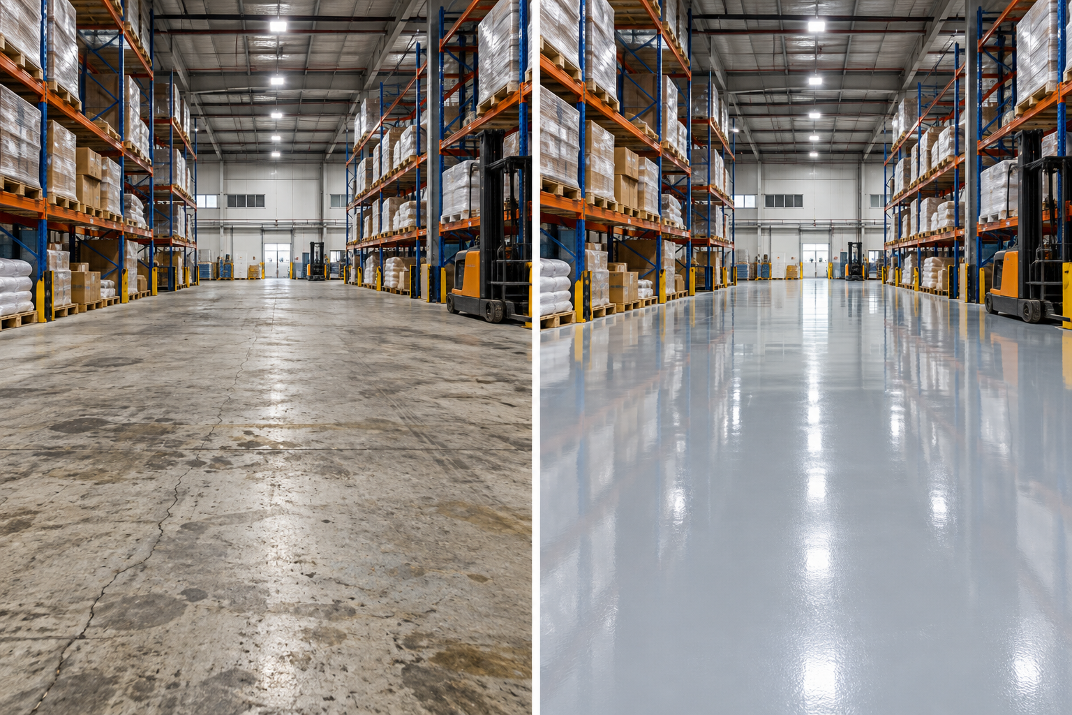 Warehouse Floor Coating Before and After in Malaysia Side-by-side illustration of a worn concrete warehouse floor and a newly epoxy-coated industrial floor in Malaysia.