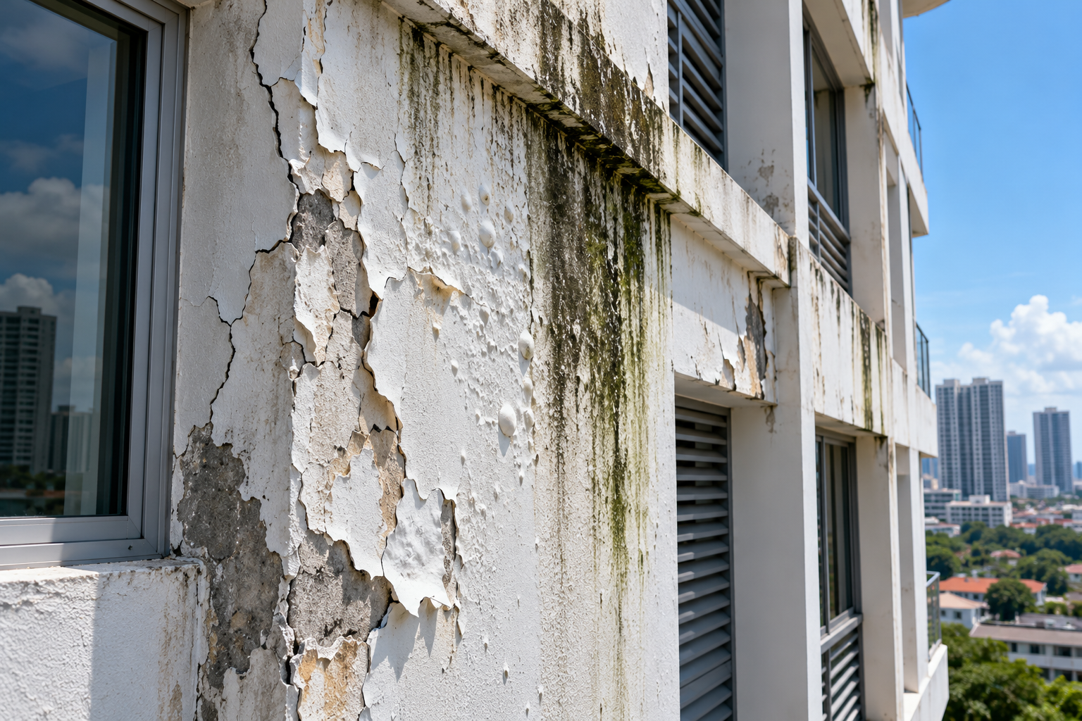 Common Façade Coating Defects on Malaysian Buildings Peeling paint, blistering, cracks and algae growth on an ageing commercial building façade in Malaysia.